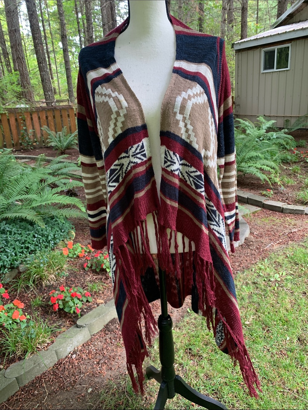 No Boundaries Burgundy Navy Cream Striped Fringe Open-Front Cardigan